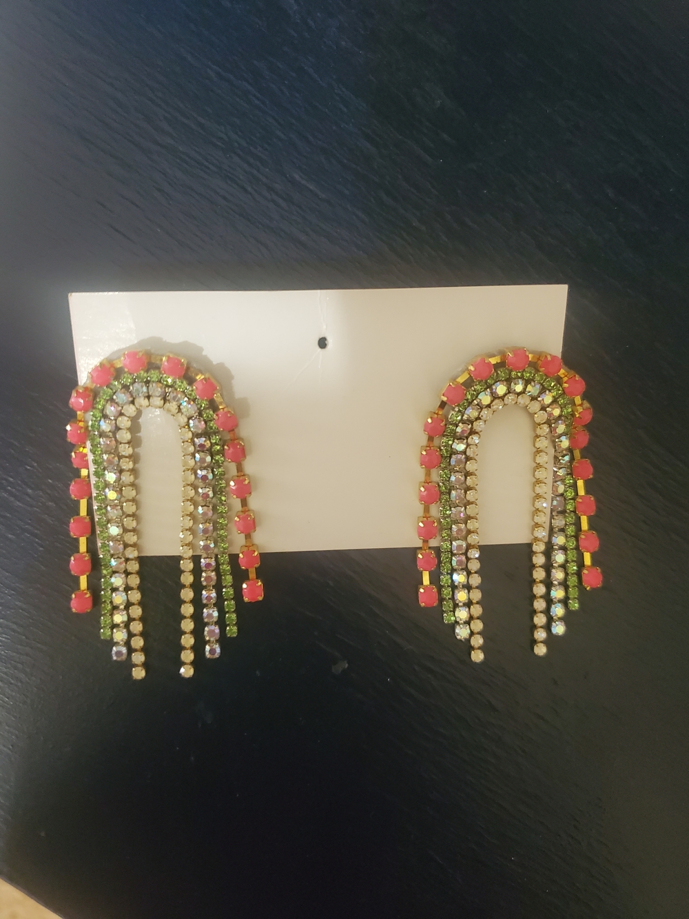 Colorful Rhinestone Fringe Earrings - Pink and Gold